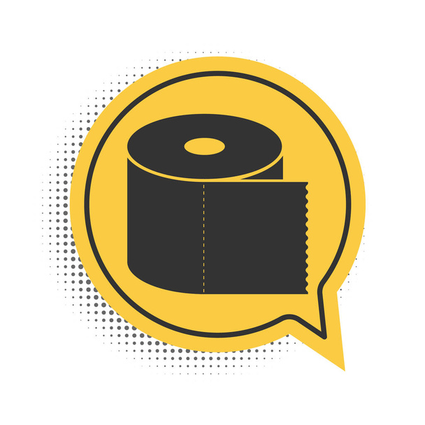 Schwarzes Toilettenpapierrollen-Symbol isoliert auf weißem Hintergrund. Gelbes Sprechblasensymbol. Vektor. - Vektor, Bild