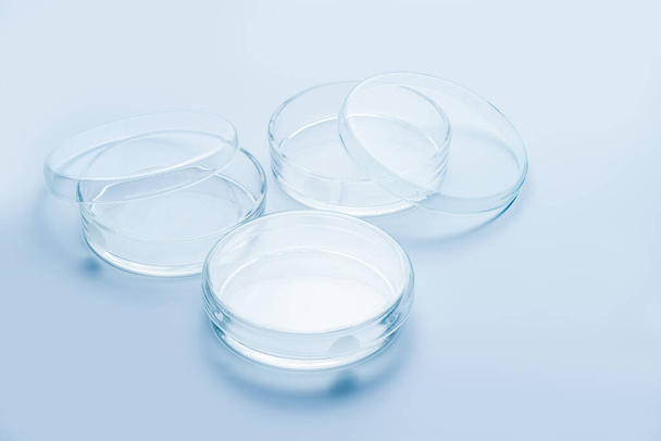 Placas Petri de vidrio transparente sobre fondo azul, cristalería de laboratorio de biología y concepto de equipamiento científico - Foto, Imagen