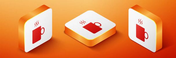 Icono plano de taza de café isométrico aislado sobre fondo naranja. Taza de té. Café caliente. Botón cuadrado naranja. Vector. - Vector, imagen