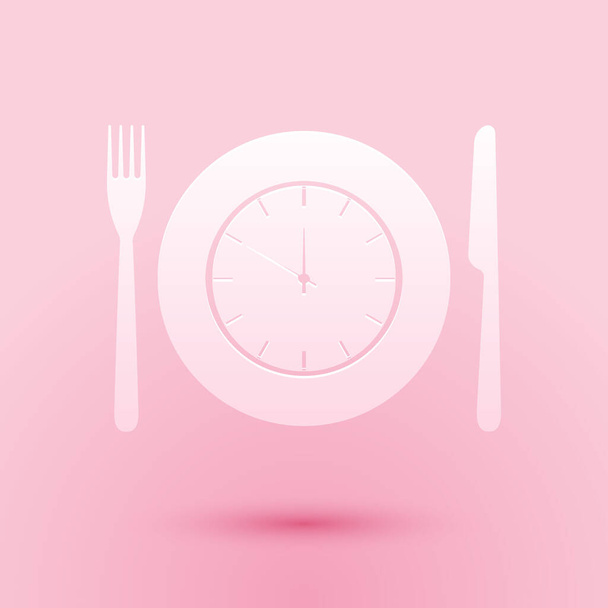 Paper cut Plate with clock, fork and knife icon isolated on pink background. Lunch time. Eating, nutrition regime, meal time and diet concept. Paper art style. Vector. - Vector, afbeelding