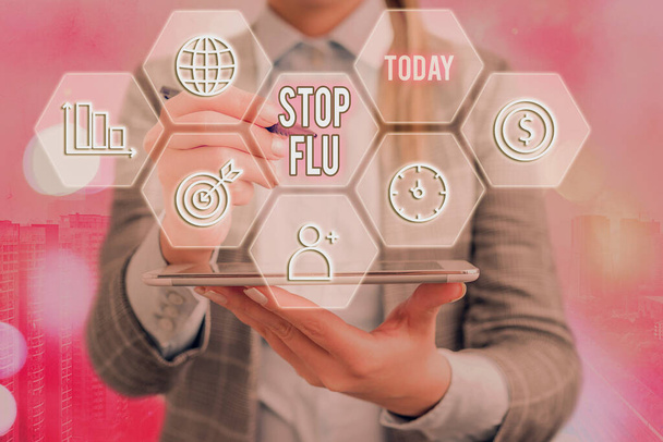 Szövegíró üzenet: "Állítsd meg az influenzát". Üzleti koncepció véget vetni a tüdő és a légutak vírusos fertőzésének rácsok és az ikonok különböző felépítése legújabb digitális technológiai koncepció. - Fotó, kép