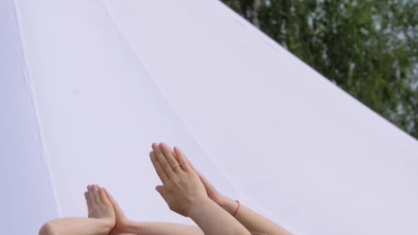 Grupo de personas haciendo ejercicios de yoga - levantando las manos en namaste mudra en el parque - Imágenes, Vídeo