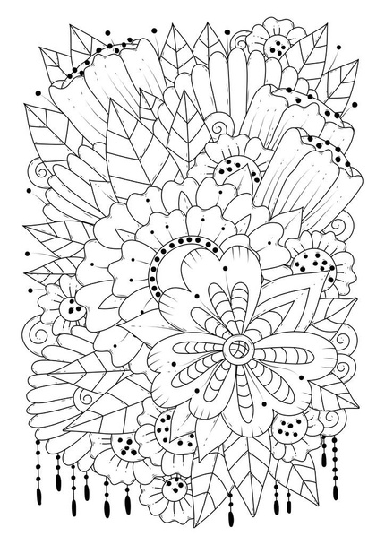 Coloring page for children and adults. Vector illustration with abstract flowers. Black-white background for coloring, printing on fabric or paper. - Vector, Image