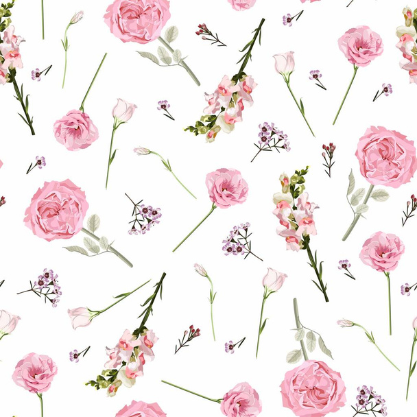 Patrón sin costura floral, diseño de fondo: flores rosadas y hojas verdes. Acuarela elegante, linda ilustración. Fondo blanco. - Vector, Imagen
