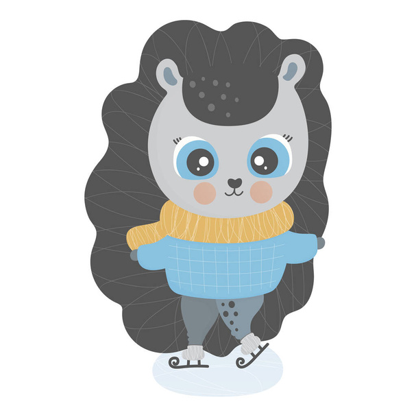 A cute little hedgehog wearing scarf and sweater is skating on ice. White background. Isolated toddler winter illustration with pet. Cartoon character for print, nursery, sticker, baby clothes. Vector - Vektor, Bild