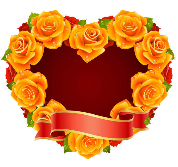 Vector orange Rose Frame in the shape of heart - Διάνυσμα, εικόνα