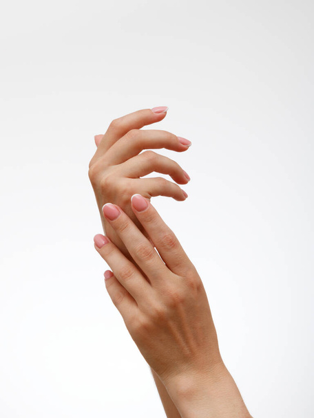 美しい女性の手。マニキュアコンセプト。美しい女性の手。スパ&マニキュアのコンセプト。フランスのマニキュアで女性の手。柔らかい肌、スキンケアの概念。美爪. - 写真・画像
