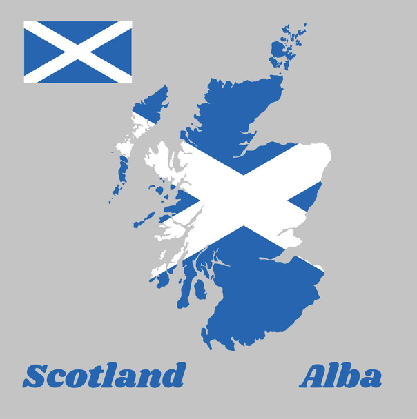 Kartenumriss und Flagge von Schottland, es ist ein blaues Feld mit einem weißen diagonalen Kreuz, das sich bis zu den Ecken, Schottland und Alba erstreckt. - Vektor, Bild