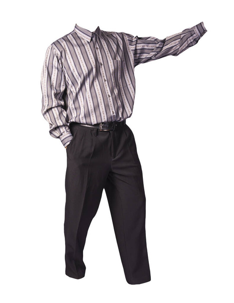 men's gray striped shirt and black pants isolated on white background. fashion clothes - Photo, image