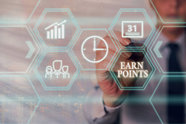 Conceptual hand writing showing Earn Points. Business photo showcasing getting praise or approval for something you have done Grids and different icons latest digital technology concept. - Photo, Image