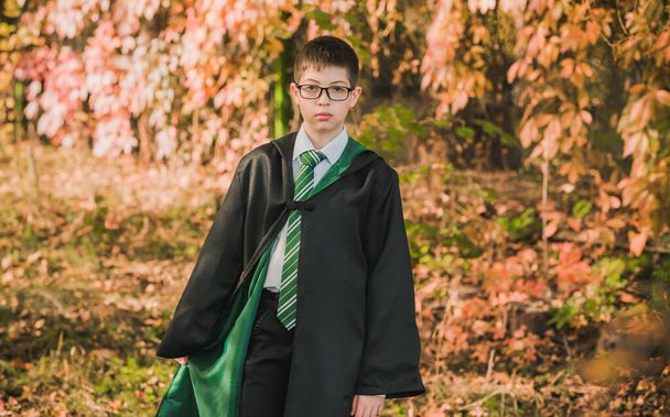 Παιδί μάγος. Ένας νεαρός μαθητής της Σχολής Μαγείας επινοεί. Αγόρι με πράσινη ρόμπα, μαγικό στο δάσος. Απόκριες - Φωτογραφία, εικόνα