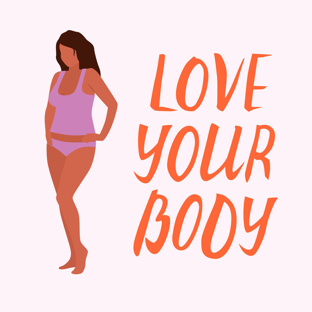 Love your body card, poster. Beautiful african woman vector flat illustration. - Vector, Image