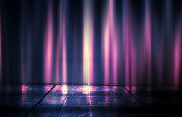 Тёмный абстрактный фон с ультрафиолетовым неоновым свечением. Размытые неоновые волны. Эффект света. Отражение на асфальте. 3d иллюстрация - Фото, изображение