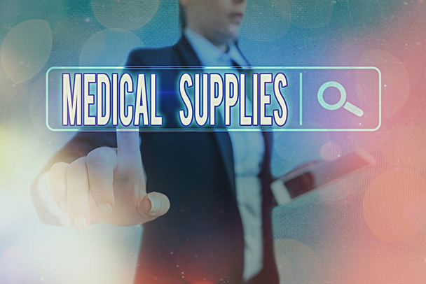 Conceptual hand writing showing Medical Supplies. Business photo text Items necessary for treatment of illness or injury Web search digital futuristic technology network connection. - Photo, Image