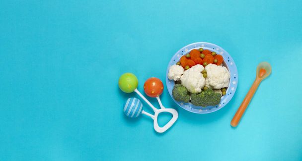 Schaal met groenten en fruit, babyvoeding, rammelaar en lepel, op een blauwe achtergrond, horizontaal,  - Foto, afbeelding