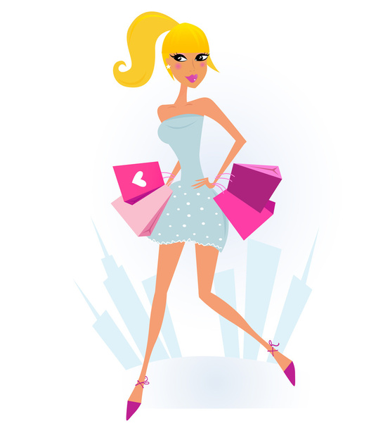 Woman Shopping in the City with Town silhouette in background - Vector, Image
