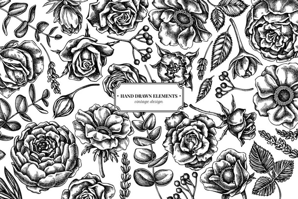 Virágos design fekete-fehér rózsával, anemonnal, eukaliptusszal, levendulával, bazsarózsával, rezgővel - Vektor, kép