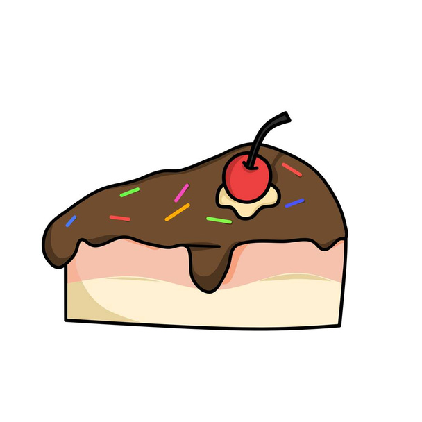 ilustracja kreskówki projekt kawałka ciasta czekoladowego z wisienką na szczycie - Wektor, obraz