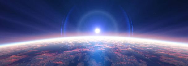 Zonsopgang van de aarde uit de ruimte boven bewolkte oceaan. 3d weergave illustratie - Foto, afbeelding