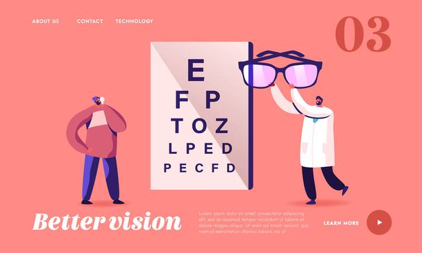 Oculist Appointment Landing Page Template. Tiny Male Doctor Character Carry Huge Eyeglasses for Patient Vision Checkup - Vector, Image
