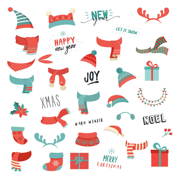 Colorful Christmas hats, scarfs and other accessories  - Vector, Image