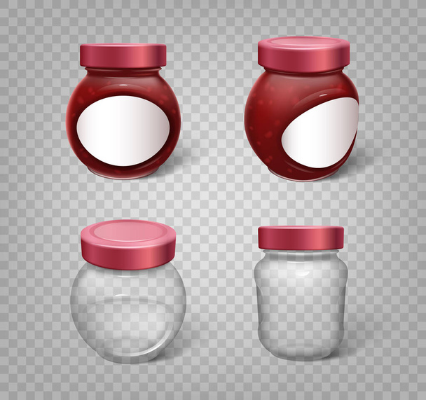 Glass jars with jam and empty mockups isolated with template branding stickers - Vector, Image