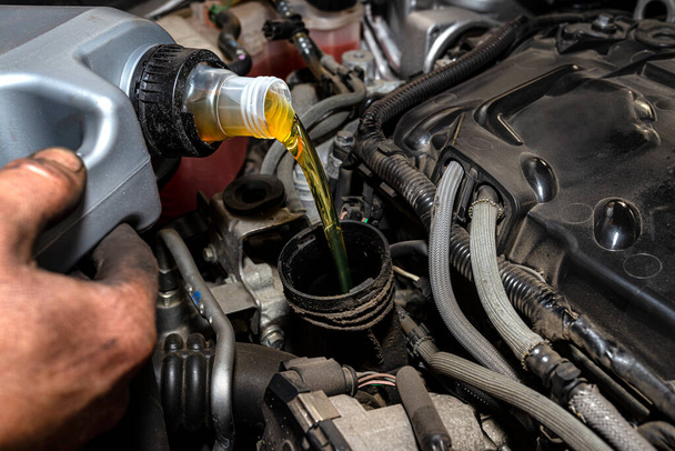 Автомобільний механізм наповнює нове автомобільне масло в двигун з пластикового бака в автомайстерні
. - Фото, зображення