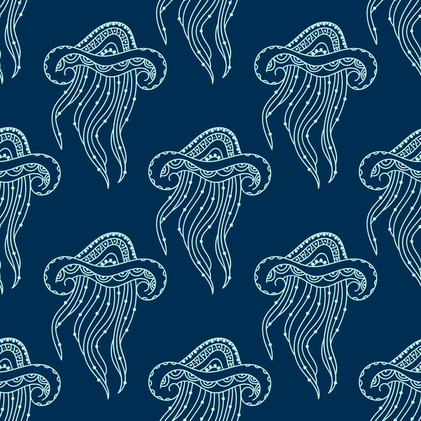 Nahtloses Muster mit handgezeichneten Vektorquallen mit Ornament. Weiß auf Blau. Hintergrund für Gewebe und andere Oberflächen, - Vektor, Bild