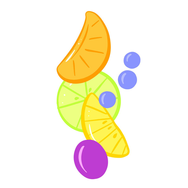 Fruitscheuten sinaasappel, citroen, druiven en bosbessen Eenvoudige illustratie - Vector, afbeelding