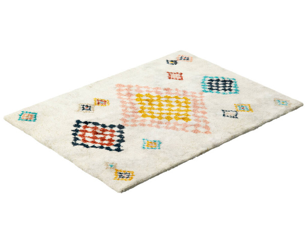 Modern light beige carpet with a colorful geometric pattern. Contemporary rug with cotton fabric base and high pile on white background. Mid-century, Farmhouse, Chalet, Scandinavian interior. 3d render - Photo, Image