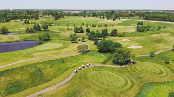 Golf sahasının tepesinden hava görüntüsü. İnsanlar ve arabalar bir golf sahasında.. - Video, Çekim