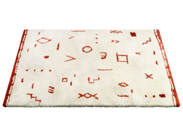 Moderní světle béžový koberec s barevným nordickým vzorem. Současný koberec s bavlněnou tkaninou základnou a vysokou hromadou na bílém pozadí. V polovině století, statek, chata, skandinávský interiér. 3D vykreslení - Fotografie, Obrázek