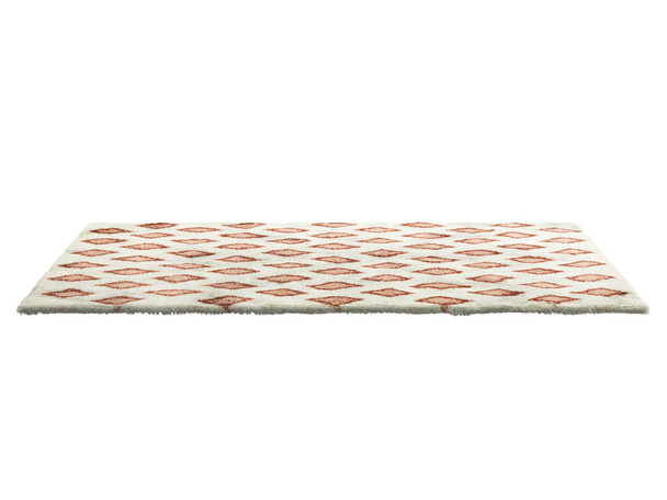 Moderner hellbeiger Teppich mit einem farbenfrohen geometrischen Muster. Moderner Teppich mit Baumwollsockel und hohem Flor auf weißem Hintergrund. Mitte des Jahrhunderts, Bauernhaus, Chalet, skandinavisches Interieur. 3D-Darstellung - Foto, Bild