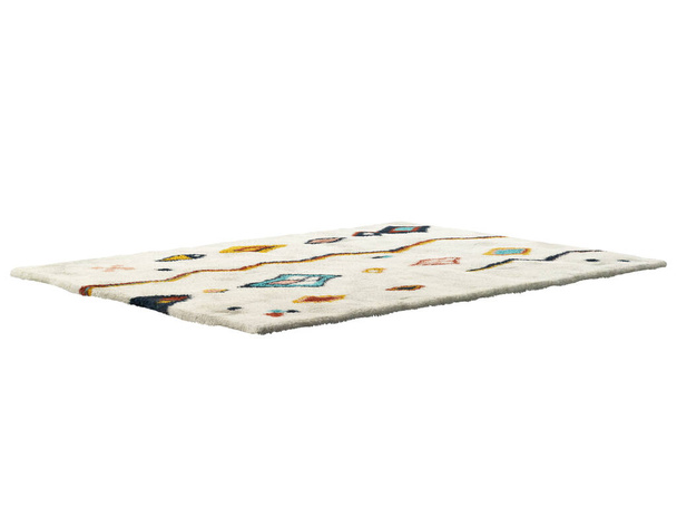 Vaaleanbeige matto moderni värikäs geometrinen kuvio. Contemporary matto puuvilla kangas pohja ja korkea kasa valkoisella pohjalla. Vuosisadan puolivälissä, maalaistalo, Chalet, Skandinavian sisustus. 3d renderointi - Valokuva, kuva