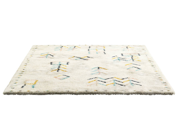 Skandináv világos bézs szőnyeg színes skandináv mintával. Kortárs szőnyeg pamut szövet bázis és nagy halom fehér háttérrel. Század közepe, parasztház, faház, skandináv belső tér. 3d renderelés - Fotó, kép