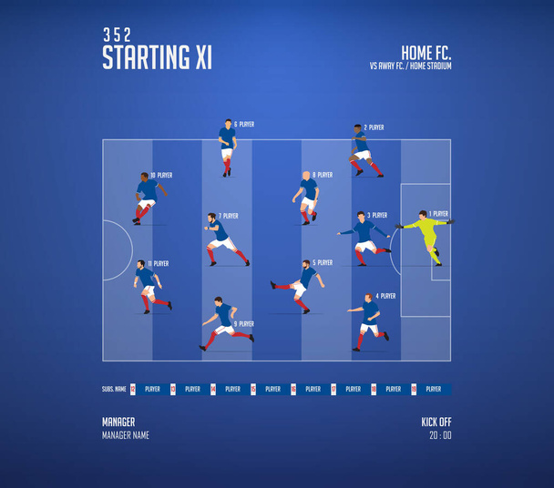Ποδόσφαιρο ή ποδόσφαιρο αγώνα lineups σχηματισμό infographic. Σύνολο της θέσης ποδοσφαιριστή στο γήπεδο ποδοσφαίρου. Ποδόσφαιρο κιτ ή ποδοσφαιρική φανέλα εικονίδιο σε επίπεδη σχεδίαση. Εικονογράφηση διανύσματος. - Διάνυσμα, εικόνα
