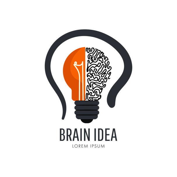 Composizione creativa del mezzo cervello dietro il logo dell'icona della lampadina isolato su sfondo bianco. Idea cerebrale. - Vettoriali, immagini