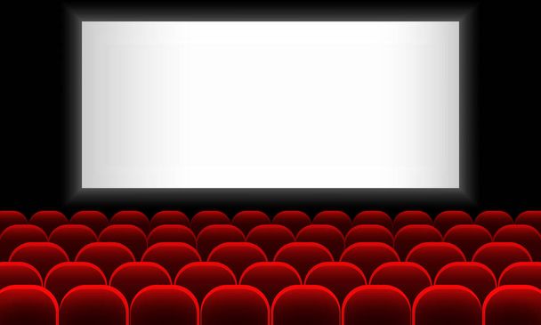 Auditorio de cine con pantalla y asientos rojos. Vector sobre fondo blanco aislado. EPS 10. - Vector, imagen