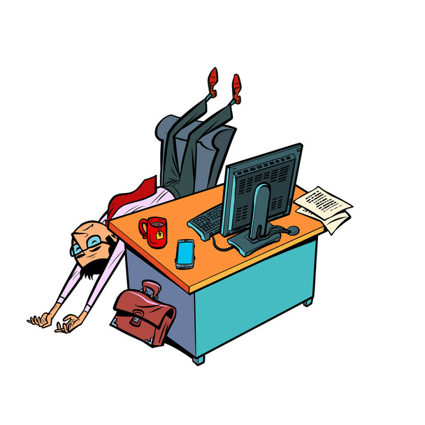 уставший спящий бизнесмен работает в офисе на рабочем месте за компьютером - Вектор,изображение