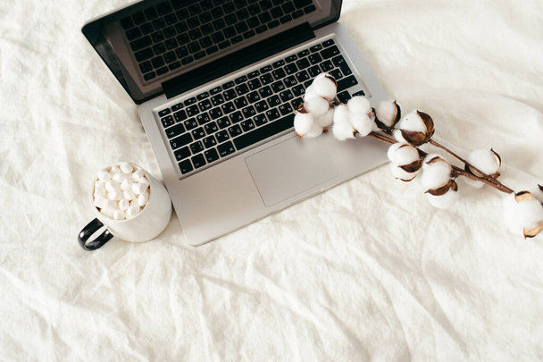 Laptop and cup of cocoa with marshmallows, cotton flowers on white bed. Work at home concept. Autumn, fall, winter. Flat lay, top view, copy space. - 写真・画像