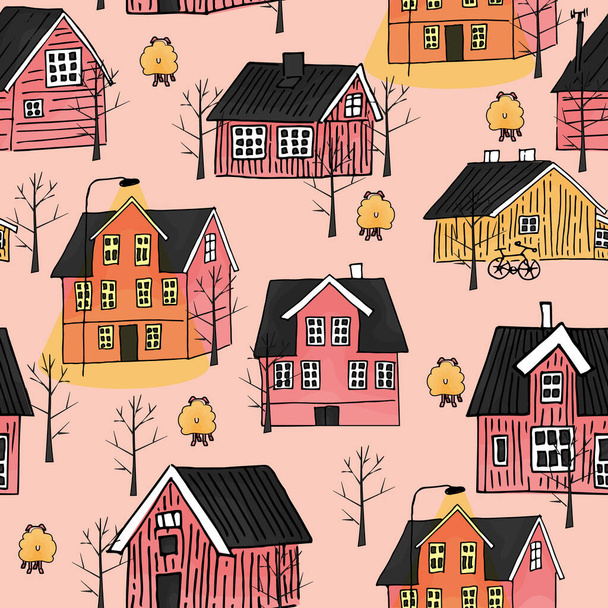 Geel en roze Scandinavische houten huizen met licht op straat en bomen zonder bladeren naadloze herhaling patroon - Vector, afbeelding