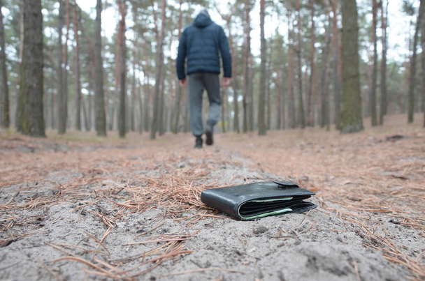 Young boy loses his purse with euro money bills on Russian autumn fir wood path. Carelessness and losing wallet concept - Photo, Image