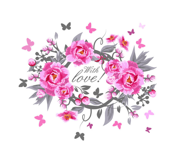 Beautiful floral frame with pink flowers. Vector illustration - Vector, Image