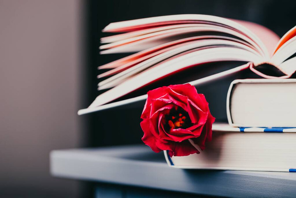 Red eustoma or lisianthus or prairie gentian flower and books on a dark background, copy space - Photo, Image
