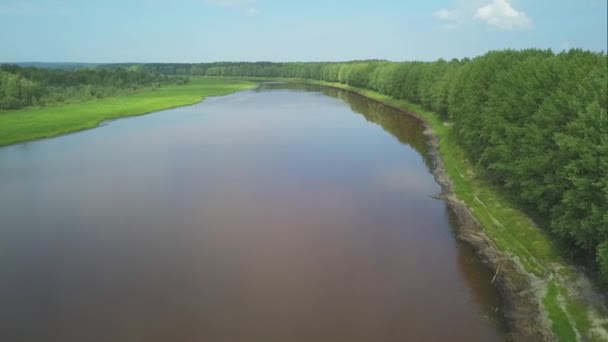 Aerial view of a wide river among green trees, smooth bend of channel. Clip. Forest on the shore of reservoir, summer landscape on blue cloudy sky background. - Footage, Video