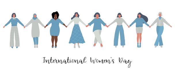 女性の多様なグループが手を握っています。国際女性デーのコンセプト。女性のコミュニティ。女性の連帯。異なる人種、異なる年齢の女性のシルエット。ベクターイラスト - ベクター画像