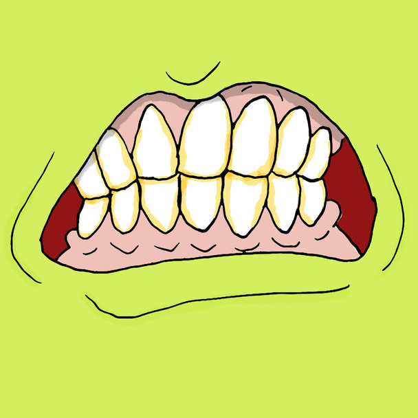 Иллюстрация чудовищного рта со странными зубами и зеленой кожей - Фото, изображение