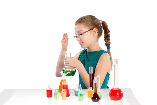 παιδί στην τάξη χημεία, μάθημα χημείας - Φωτογραφία, εικόνα