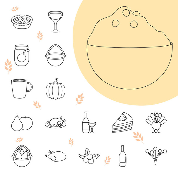миска картофельного пюре и набор икон на День благодарения, стиль линии - Вектор,изображение