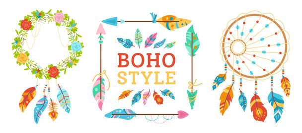 Boho style design element set wreath arrow feather - Vector, Image
